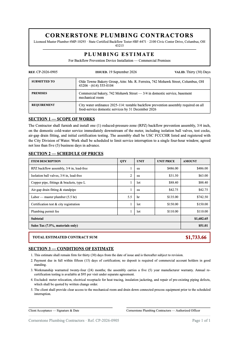 Official gazette plumbing estimate